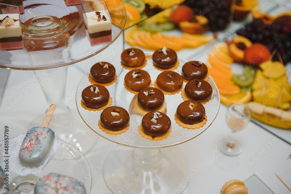 Fototapeta premium various dessert with fresh fruit on buffet line, sweet
