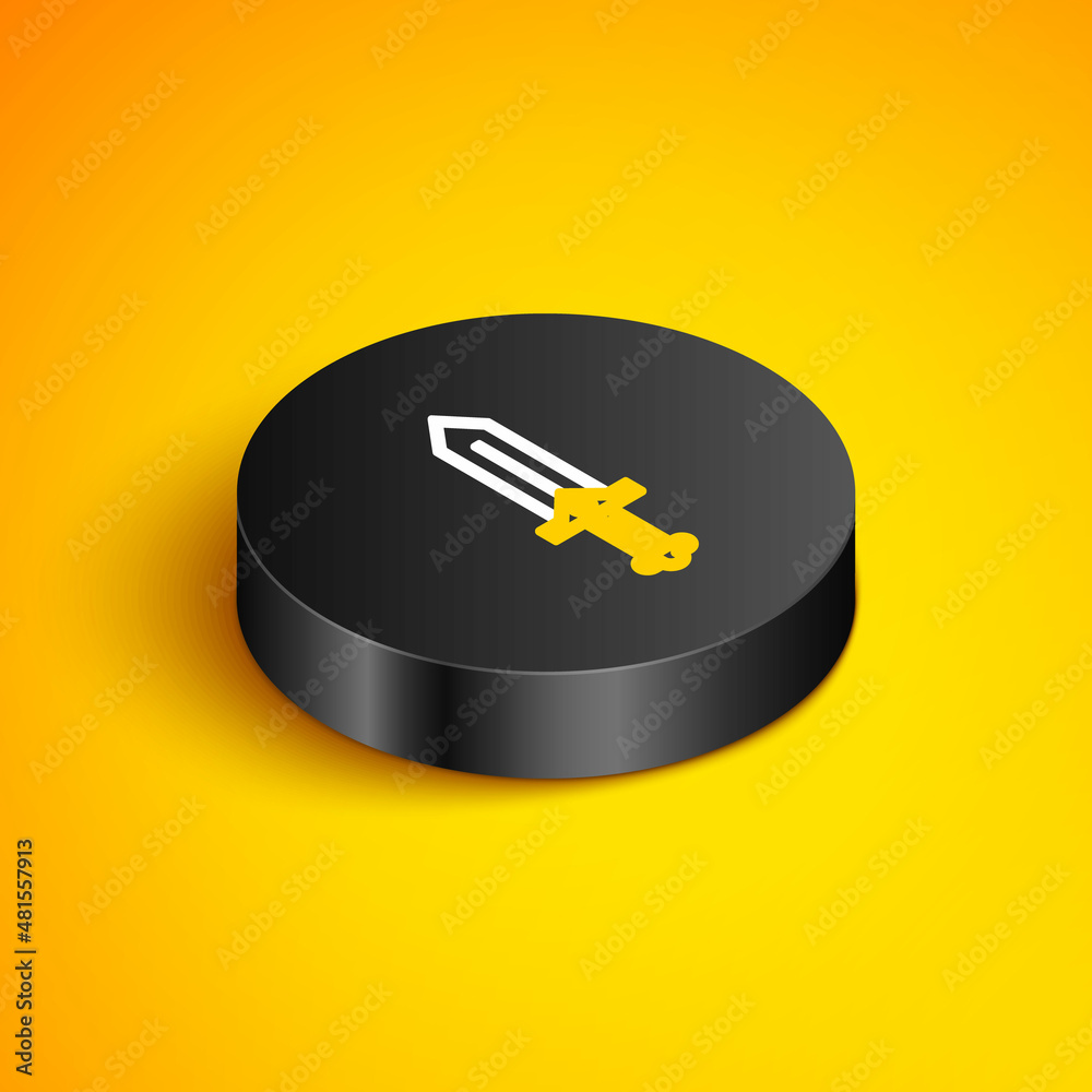 Isometric line Sword for game icon isolated on yellow background. Black circle button. Vector Isometric line Sword for game icon isolated on yellow background. Black circle button. Vector