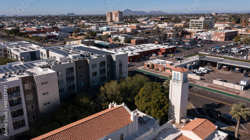 Daytime aerial skyline view of downtown Mesa, Arizona, USA.