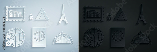 Set Passport with biometric data, Eiffel tower, Globe flying plane, Tourist tent wood fire and Postal stamp and Coliseum icon. Vector