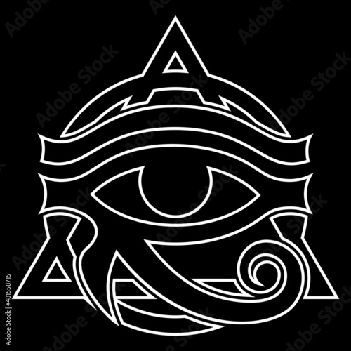 Stylized white eye of Horus on a black background. Vector monochrome illustration. Element for design