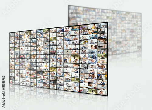 Broadcasting And Multimedia Concept. Digital wall with different channels