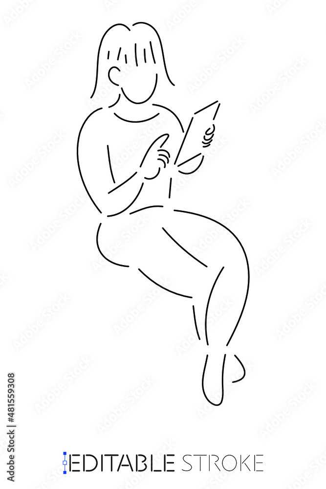 Short hair girl sit and holding smartphone. Vector line customizable isolated outline. Editable stroke. Short hair girl sit and holding smartphone. Vector line customizable isolated outline. Editable stroke.