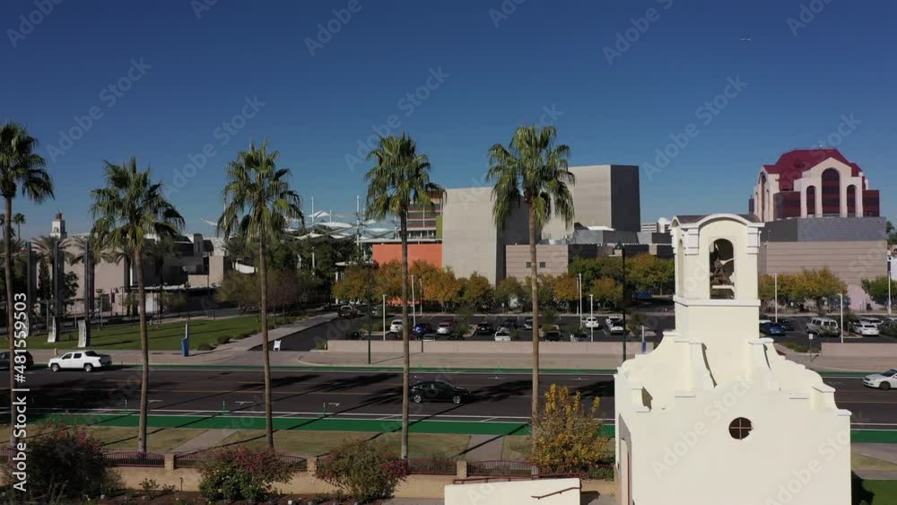 Daytime aerial skyline view of downtown Mesa, Arizona, USA.