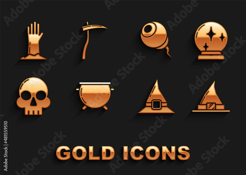 Set Halloween witch cauldron, Magic ball, Witch hat, Skull, Eye, Zombie hand and Scythe icon. Vector