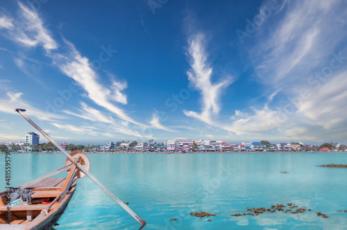Head of row boat in a beautiful lake of Phayao, Thailand. For Asian travel Background. photo