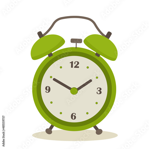 Vector illustration of a green alarm clock isolated on a white background.
