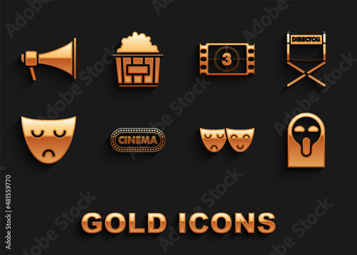 Set Cinema poster design template, Director movie chair, Funny and scary ghost mask, Comedy tragedy theatrical masks, Drama, Play Video, Megaphone and Popcorn cardboard box icon. Vector