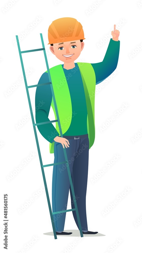Little boy in overalls. Teen Handyman, locksmith or repairman. Cheerful person. Standing pose. Cartoon comic style flat design. Single character. Illustration isolated on white background. Vector