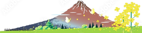浮世絵の富士山と菜の花の春の風景イラスト