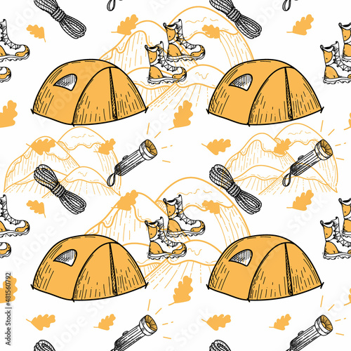 A seamless pattern of hand-drawn doodle-style elements. Illustration for local tourism. Tent, mountains, lantern, etc. Vector image of hiking on white background.