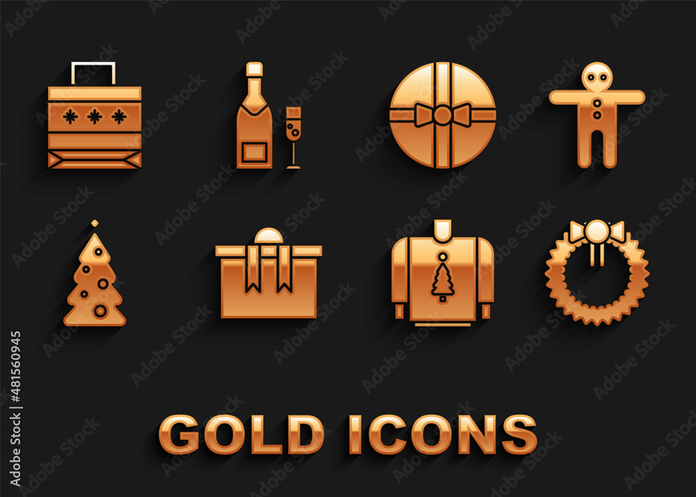 Set Gift box, Holiday gingerbread man cookie, Christmas wreath, sweater, tree with decorations, paper shopping bag and Champagne bottle and glass of champagne icon. Vector Set Gift box, Holiday gingerbread man cookie, Christmas wreath, sweater, tree with decorations, paper shopping bag and Champagne bottle and glass of champagne icon. Vector