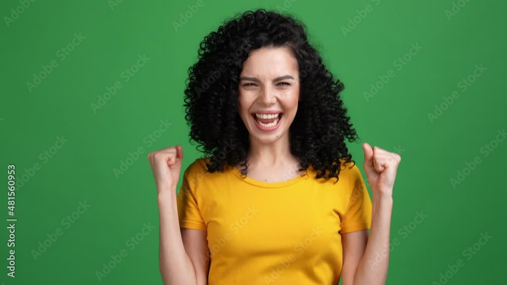 Triumphant lady fist up rejoice lottery isolated bright color background Triumphant lady fist up rejoice lottery isolated bright color background