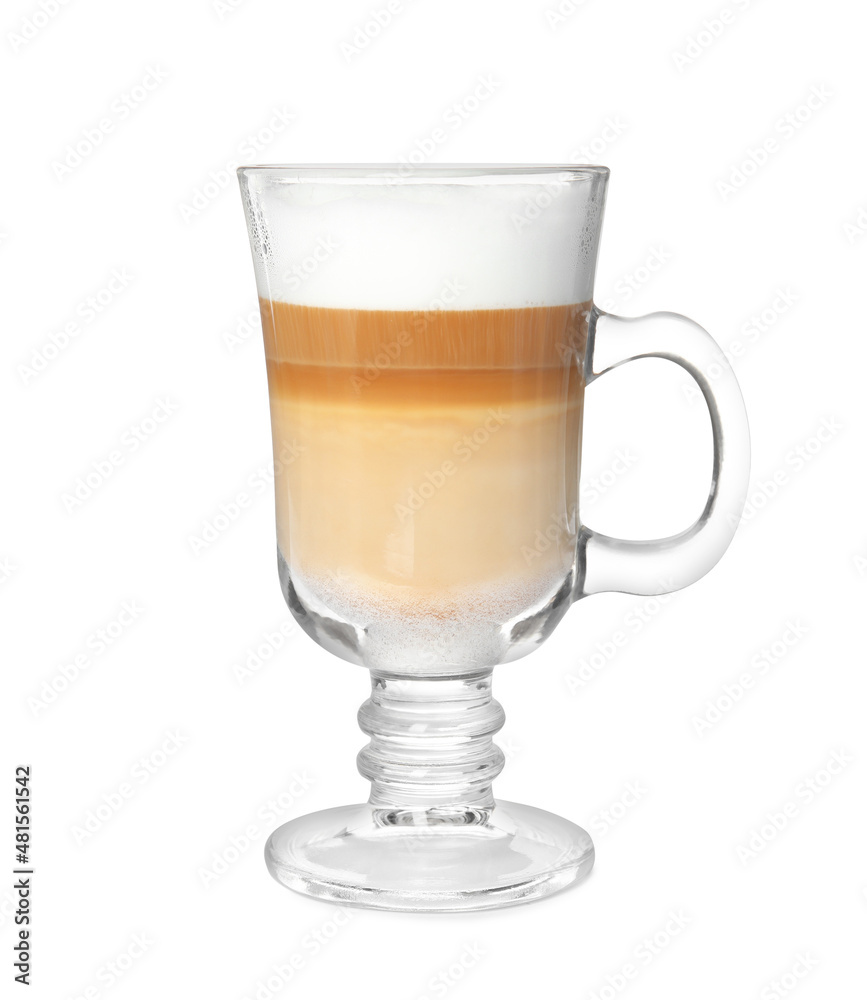 Glass of delicious latte macchiato on white background Glass of delicious latte macchiato on white background