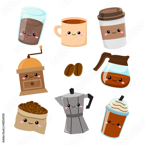 Cute coffee tools maker clipart. Flat vector cartoon design