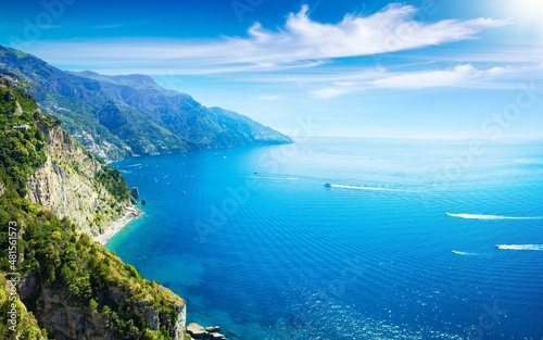 Rocky Amalfy coast near Positano and of Gulf of Salerno. Positano is picturesque town with splendid coastal views in Campania, Italy.