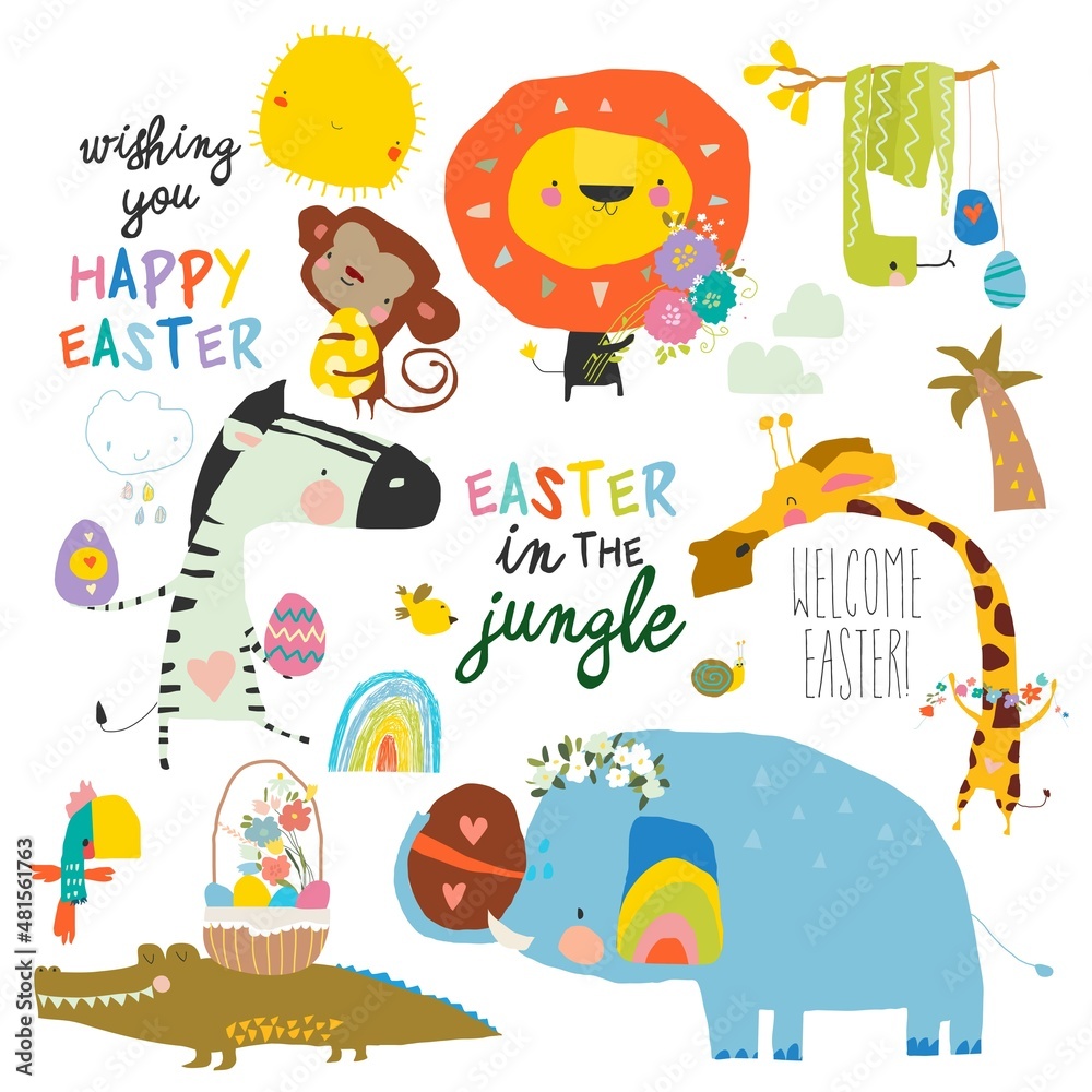 Naklejka premium Cartoon Set with Cute Animals celebrating Easter in the Jungle