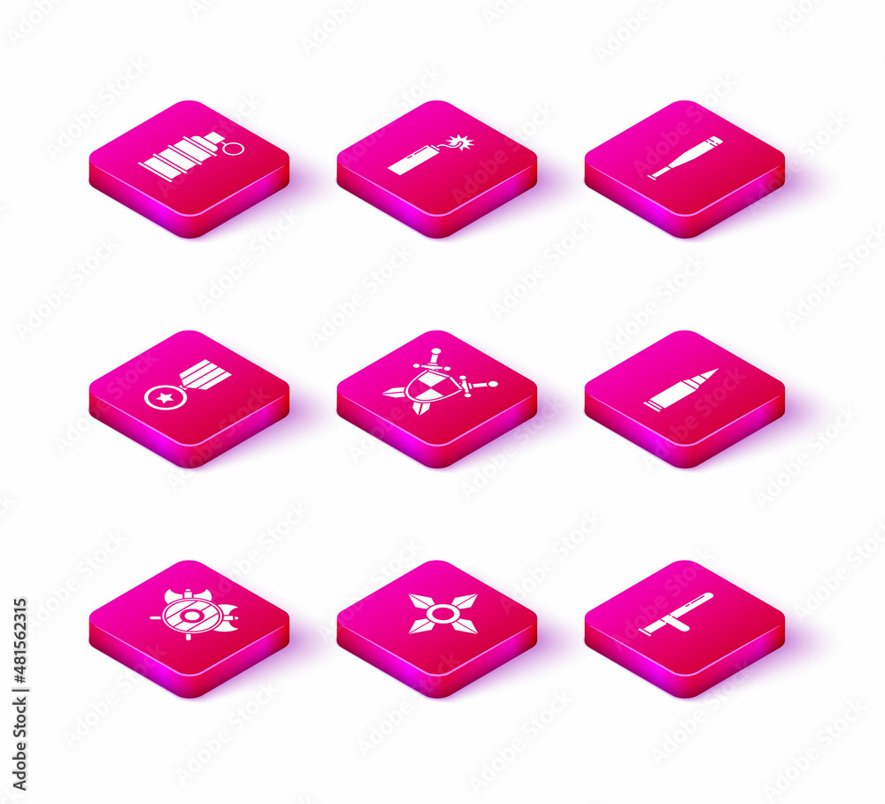 Set Medieval shield with crossed axes, Japanese ninja shuriken, Military reward medal, swords, Police rubber baton, Bullet, Baseball and Dynamite bomb stick clock icon. Vector Set Medieval shield with crossed axes, Japanese ninja shuriken, Military reward medal, swords, Police rubber baton, Bullet, Baseball and Dynamite bomb stick clock icon. Vector
