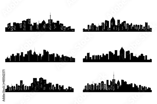 Black cities silhouette collection. Horizontal skyline set in flat style isolated on white. Vector cityscape with windows, urban panorama of night town