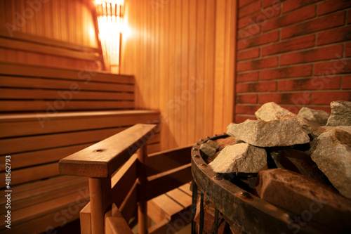 Interior of a modern wood-fired sauna. Steam room.