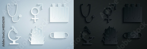 Set Rabies virus, Blood test and, Microscope, Medical protective mask, Gender and Stethoscope icon. Vector