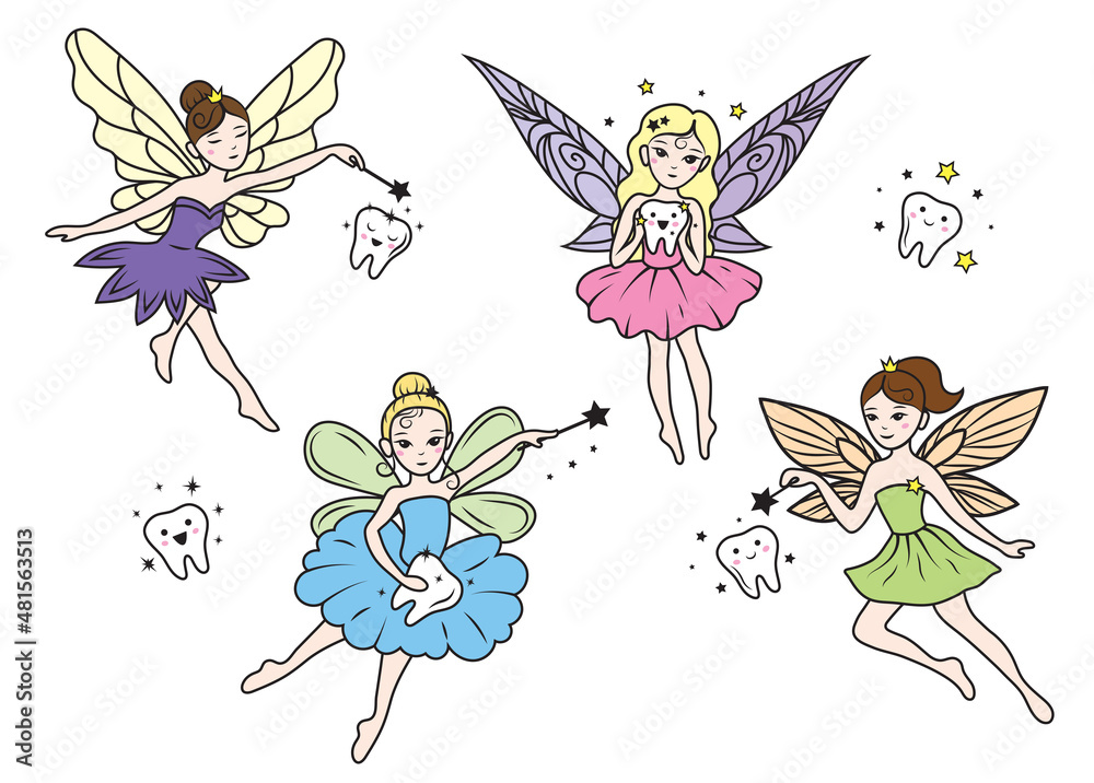 Set of tooth fairies. Collection of fairies with wings and tooth. Fairy tales creatures. Colorful illustration for children. Set of tooth fairies. Collection of fairies with wings and tooth. Fairy tales creatures. Colorful illustration for children.