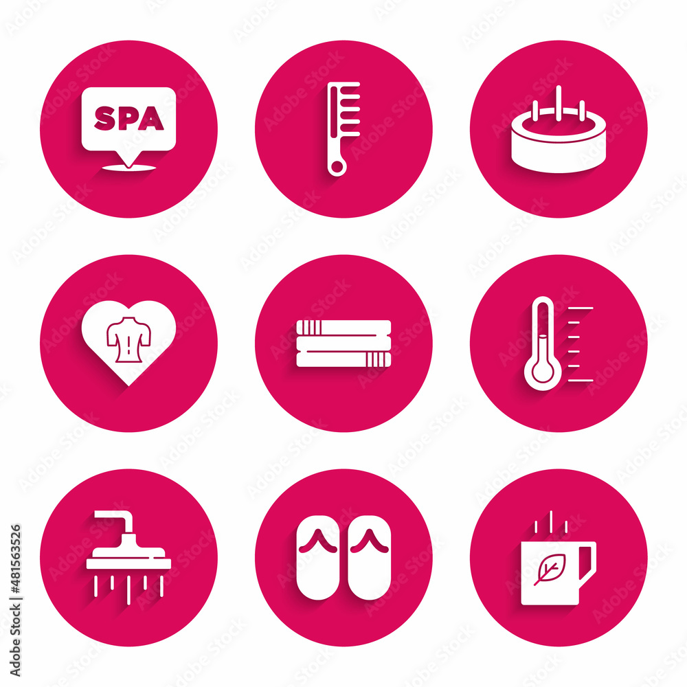 Set Towel stack, Flip flops, Cup of tea and leaf, Sauna thermometer, Shower head, Massage, Swimming pool with ladder and Spa salon icon. Vector Set Towel stack, Flip flops, Cup of tea and leaf, Sauna thermometer, Shower head, Massage, Swimming pool with ladder and Spa salon icon. Vector