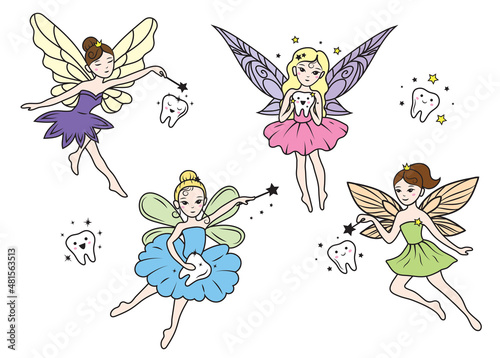Set of tooth fairies. Collection of fairies with wings and tooth. Fairy tales creatures. Colorful illustration for children. © panaceaart