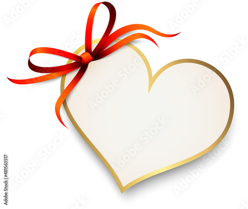 red ribbon bow with heart hang tag