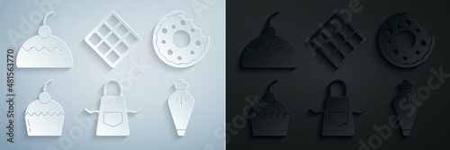 Set Kitchen apron, Donut, Cake, Pastry bag, Waffle and icon. Vector