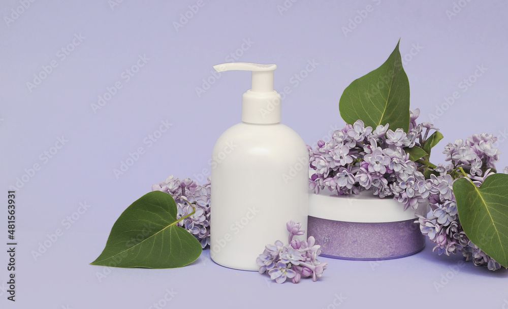 lavender salt and soap on violet background