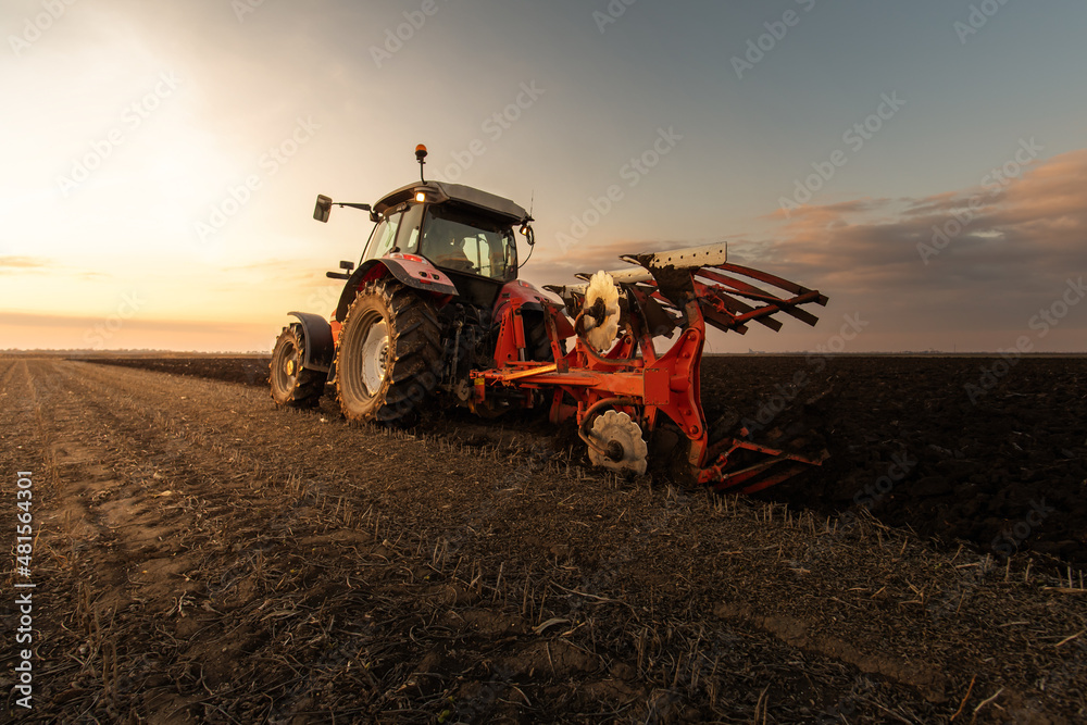 Obraz premium Tractor on the field during sunset.