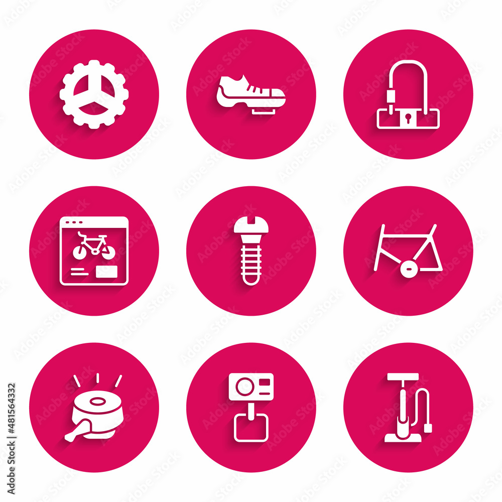 Set Metallic screw, Action extreme camera, Bicycle air pump, frame, bell, rental mobile app, lock and sprocket crank icon. Vector Set Metallic screw, Action extreme camera, Bicycle air pump, frame, bell, rental mobile app, lock and sprocket crank icon. Vector