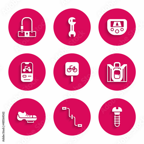 Set Bicycle parking, pedals, Metallic screw, Hiking backpack, shoes, rental mobile app, Gps device with map and lock icon. Vector
