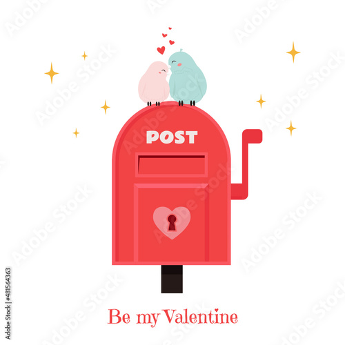 Valentine’s Greeting card with mailbox and loving couple birds. Cute Vector illustration in flat style