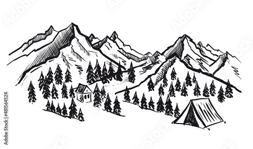 Mountain landscape  vector illustration  sketch style. 