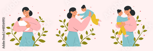 Mother and child collection. Beautiful woman holding her cute baby in arms. Happy Mother's Day. Flat vector illustration.