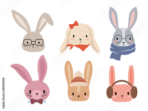Set of cute bunny faces. Collection of cartoon rabbit faces with glasses, a scarf, a hat and a bow. Holiday rabbits. Colorful illustration isolated on white white. Drawing with children.