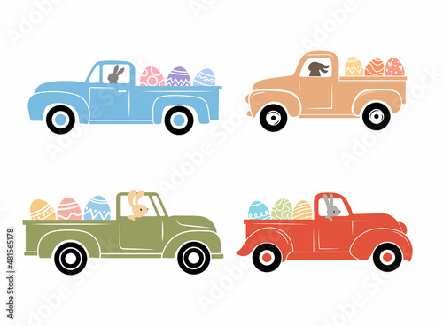 Set of cute hares on easter truck. Collection of cartoon bunny faces on a vintage truck with easter eggs. T-shirt design. Colorful illustration of holiday transport.  Drawing with children.