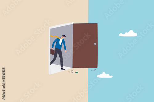 Business dead end, mistake or problem, obstacle or difficulty in work, hopelessness career path or challenge concept, businessman open the door and found dead end and fear to fall from height.