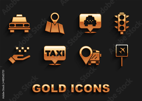 Set Location with taxi, Traffic light, Airport, bus, Hand, Taxi car and Folded map location icon. Vector