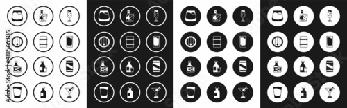 Set Glass of champagne, Metal beer keg, Wooden barrel, whiskey, Shot glass, Beer bottle and, can and Whiskey icon. Vector