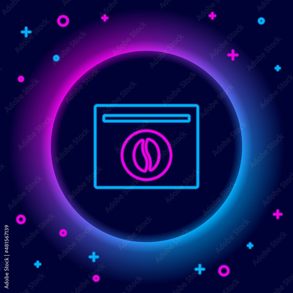 Obraz premium Glowing neon line Bag of coffee beans icon isolated on black background. Colorful outline concept. Vector