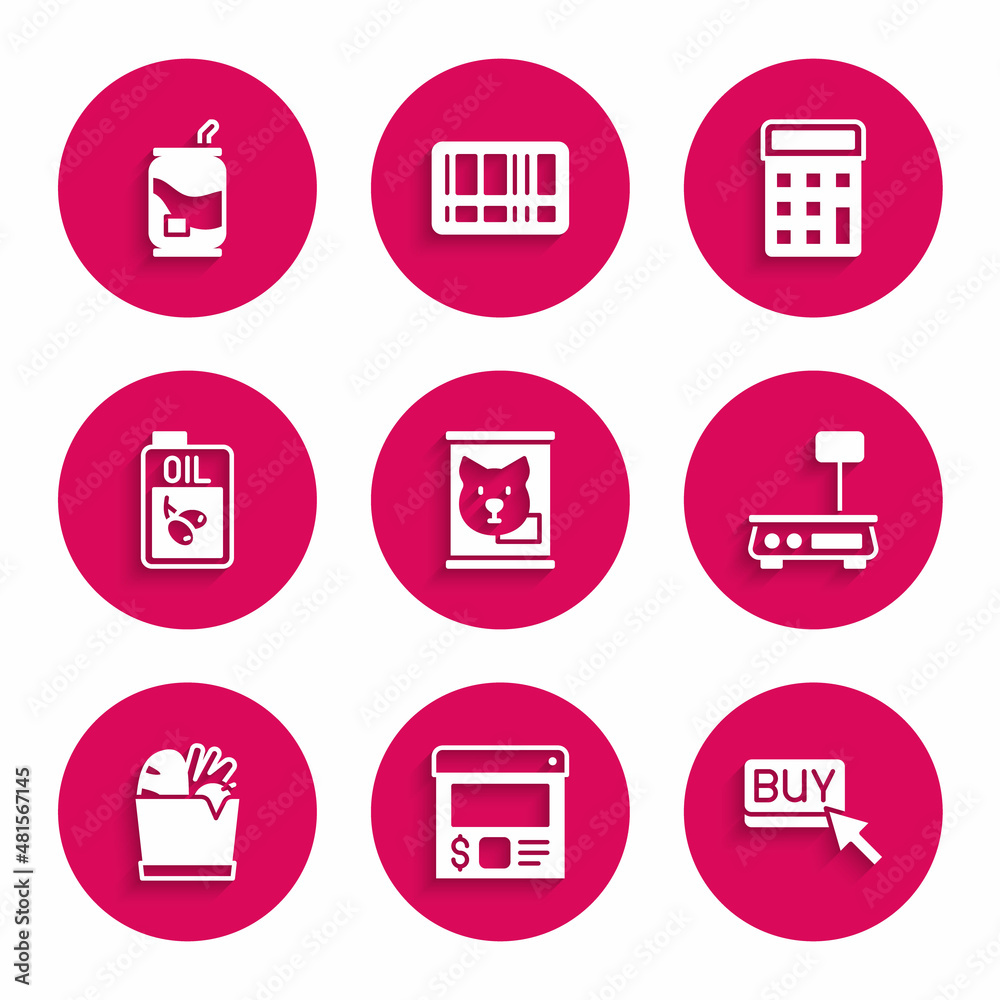 Set Canned food, Online ordering and delivery, Buy button, Electronic scales, Shopping bag, Bottle of olive oil, Calculator and Soda can icon. Vector Set Canned food, Online ordering and delivery, Buy button, Electronic scales, Shopping bag, Bottle of olive oil, Calculator and Soda can icon. Vector