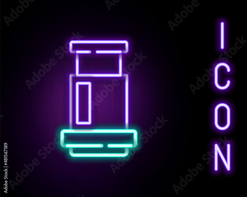 Glowing neon line Aeropress coffee method icon isolated on black background. Device for brewing coffee. Colorful outline concept. Vector