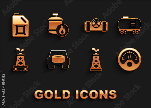 Set Spare wheel in the car, Oil railway cistern, Motor gas gauge, rig, Metallic pipes and valve, Canister for motor oil and Propane tank icon. Vector
