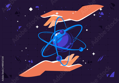 Vector illustration of the physical atom concept template, two hands on the palms above and below holding the particle atom