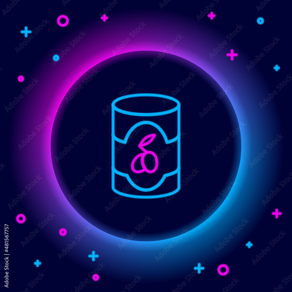 Glowing neon line Olives in can icon isolated on black background. Concept of canned food. Colorful outline concept. Vector Glowing neon line Olives in can icon isolated on black background. Concept of canned food. Colorful outline concept. Vector