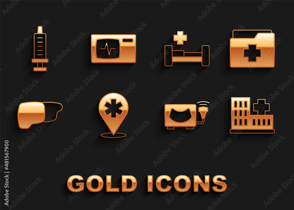 Set Location hospital, Patient record, Hospital building, Ultrasound, Human organ liver, bed, Syringe and Monitor with cardiogram icon. Vector Set Location hospital, Patient record, Hospital building, Ultrasound, Human organ liver, bed, Syringe and Monitor with cardiogram icon. Vector