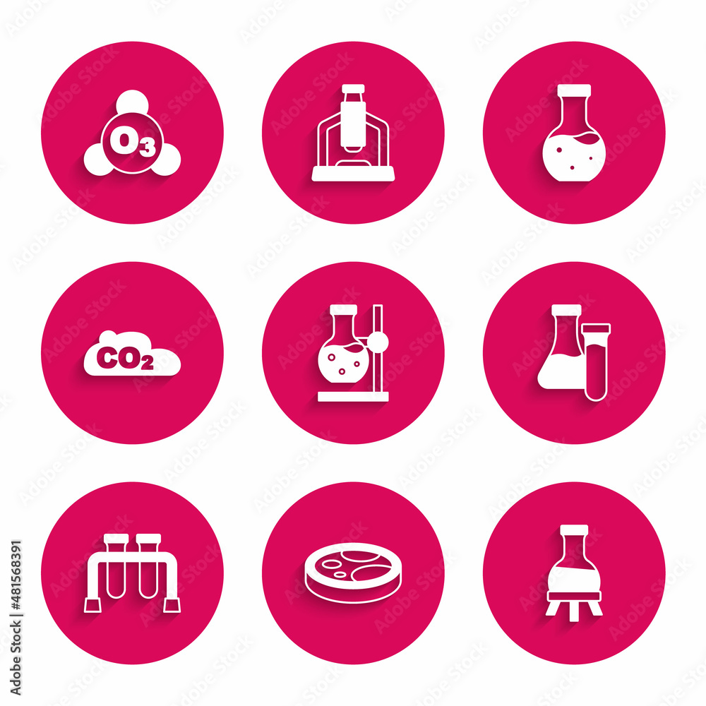 Set Test tube flask on stand, Petri dish with bacteria, CO2 emissions in cloud, and Ozone icon. Vector Set Test tube flask on stand, Petri dish with bacteria, CO2 emissions in cloud, and Ozone icon. Vector